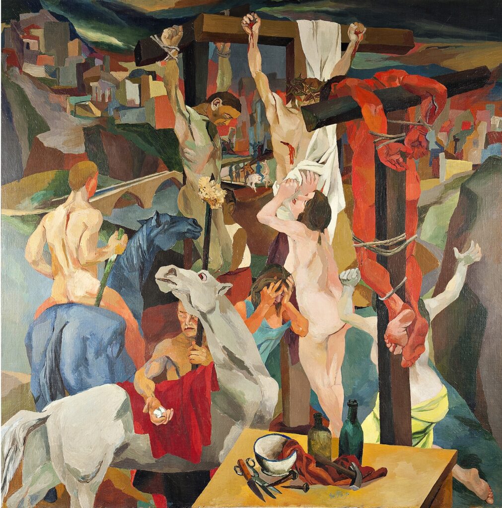 “Attraversamenti”, a Palermo la mostra sui legami tra Il Trionfo della morte, Guernica di Picasso e Crocifissione di Guttuso - Be Sicily Mag - RENATO GUTTUSO Crocifissione 1940 1941 olio su tela cm 1985x1985 GNAM Roma © Renato Guttuso by SIAE 2024 2