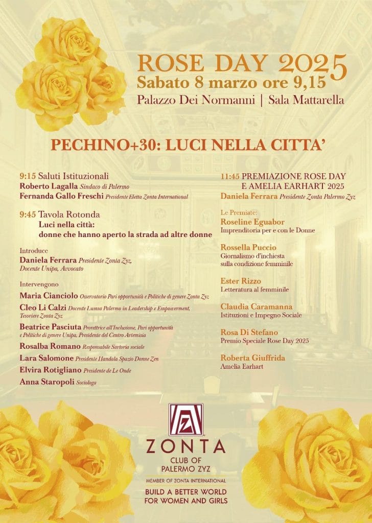 Rose Day 2025: il Club Zonta Palermo Zyz celebra le donne con una Tavola Rotonda e numerosi premi 2 Rose Day 2025: il Club Zonta Palermo Zyz celebra le donne con una Tavola Rotonda e numerosi premi - Be Sicily Mag - Rose Day