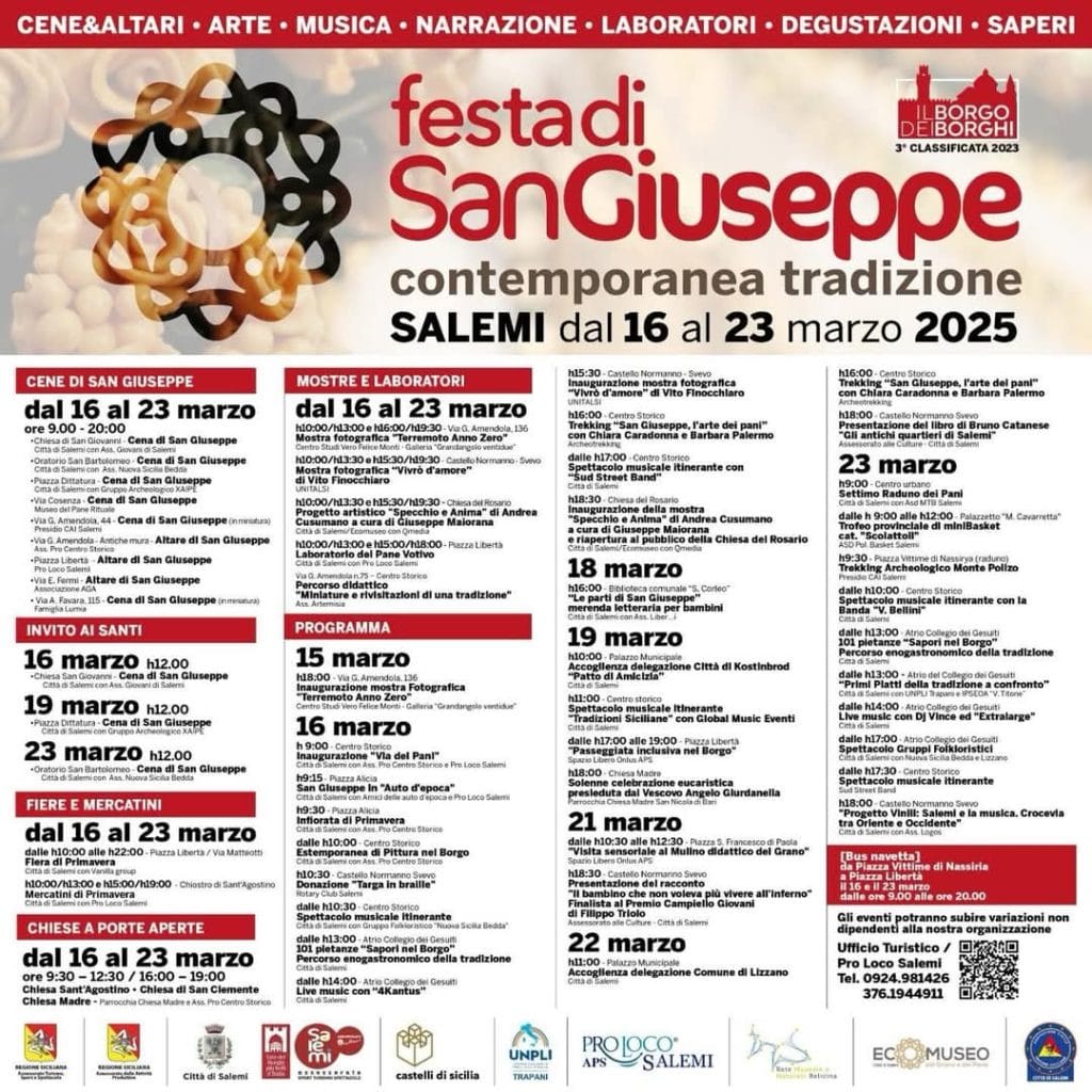 Festa di San Giuseppe 2025, a Salemi tornano le Cene, coi pani votivi e gli altari devozionali: una settimana tra fede e tradizione 4 Il programma della festa di san giuseppe 2025 a Salemi