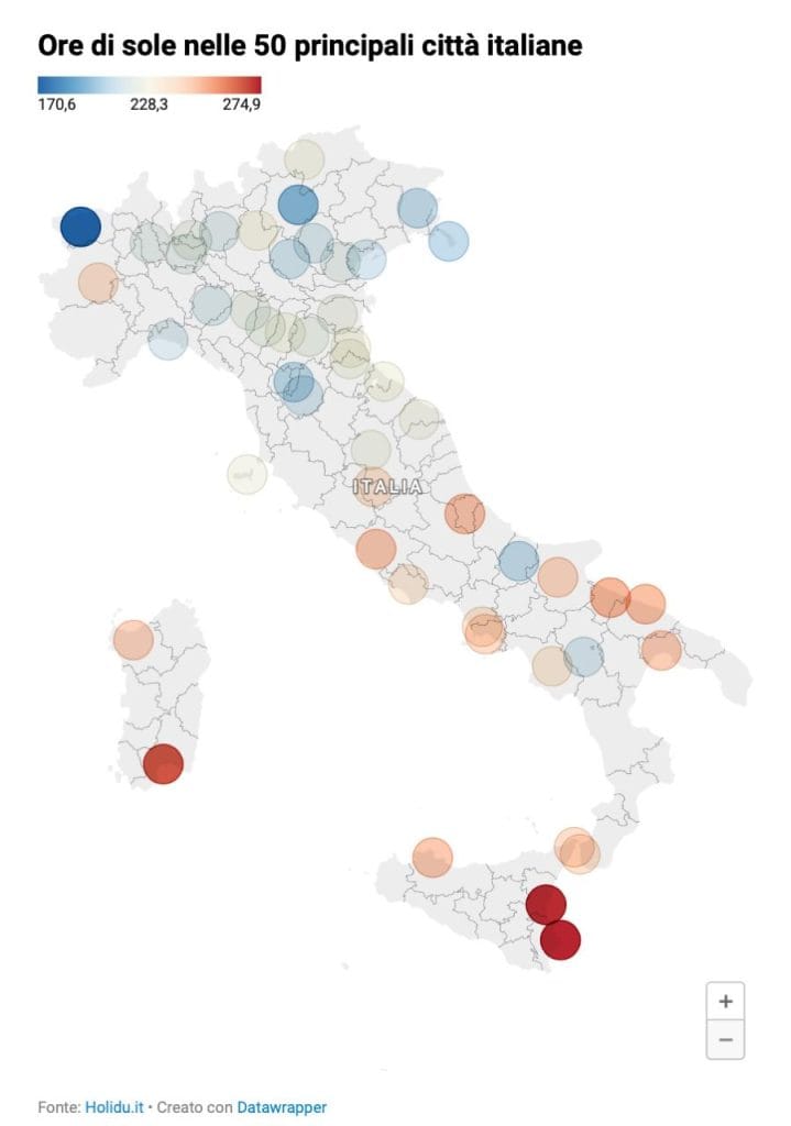 Città più soleggiate d’Italia 2025, la classifica: Catania e Siracusa si riconfermano capitali del bel tempo 2 mappa delle città più soleggiate d'Italia 2025