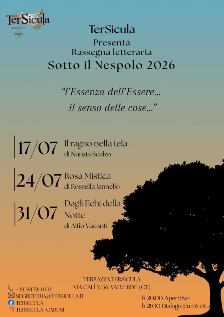 “Sotto il nespolo”, a Valverde la rassegna letteraria dedicata all'essenza dell'essere 4 “Sotto il nespolo”, a Valverde la rassegna letteraria dedicata all'essenza dell'essere - Be Sicily Mag - sotto il nespolo 2026